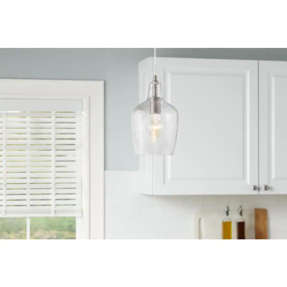 Hampton Bay Gillian 1-Light Brushed Nickel Cone Mini Pendant with Clear Hammered Glass