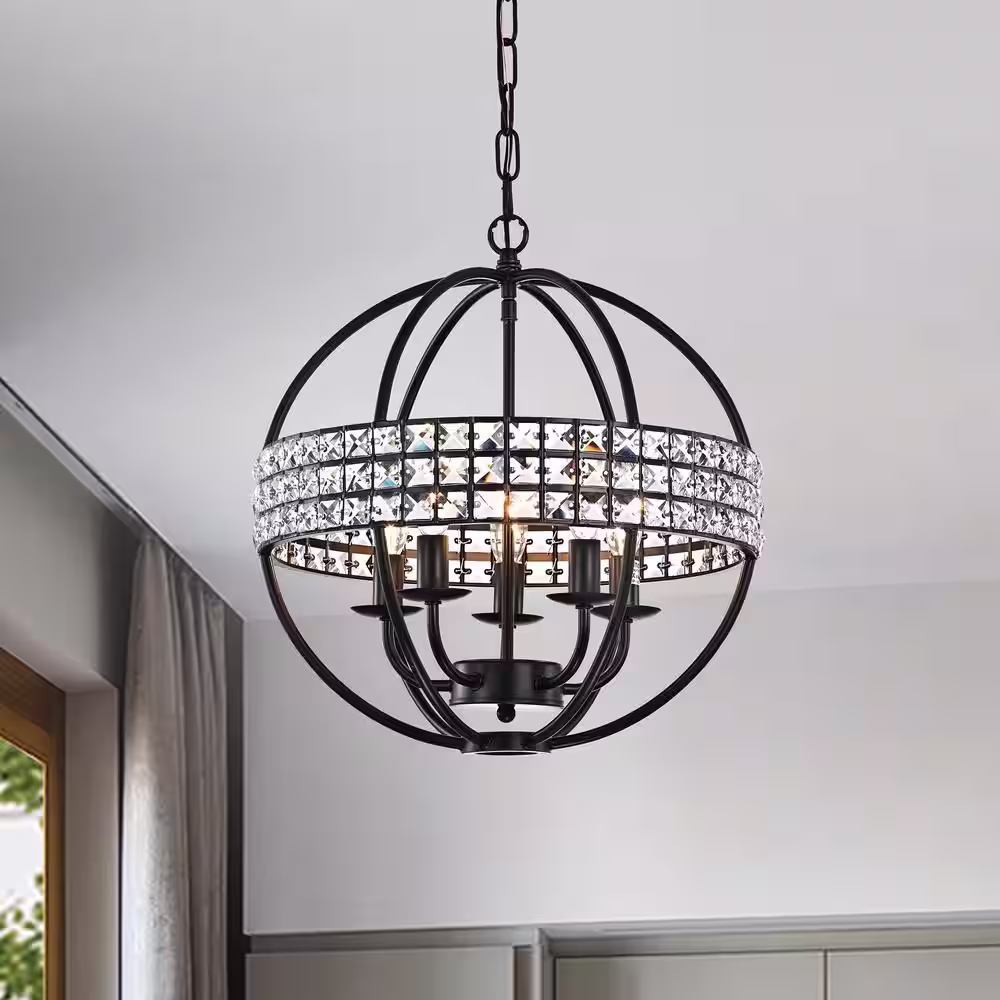 Edvivi Orbit 5-Light Antique Black Globe Cage Glam Chandelier Ceiling Fixture with Crystal Belt