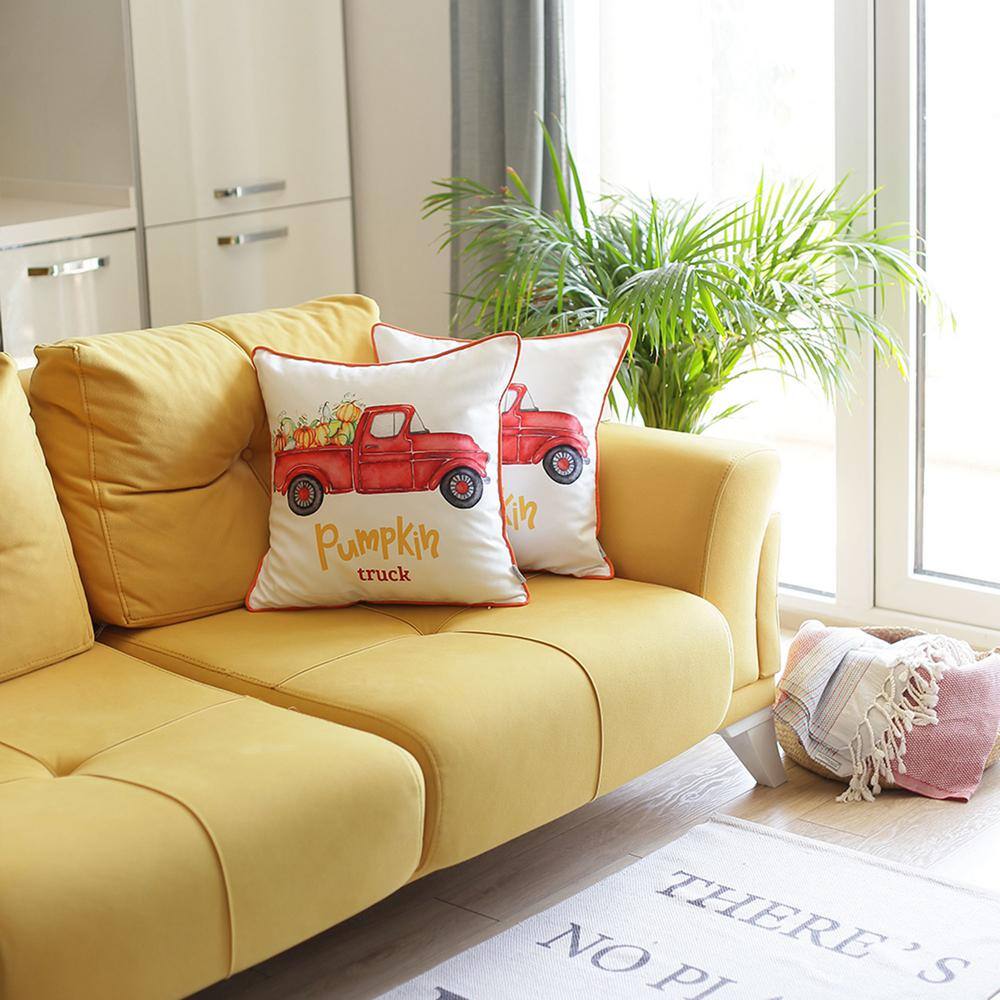 MIKE & Co. NEW YORK Fall Season Decorative Throw Pillow Red Pumpkin Truck 18 in. x 18 in. White & Red Square Thanksgiving for Couch Set of 2