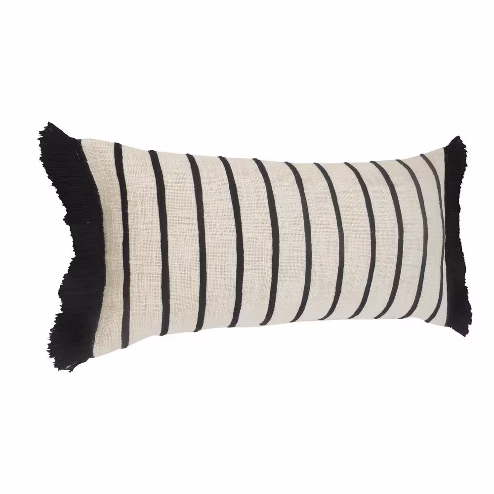 LR Home Fringed Ivory and Black Striped Cuddle Poly-Fill 28 in. x 12 in. Throw Pillow