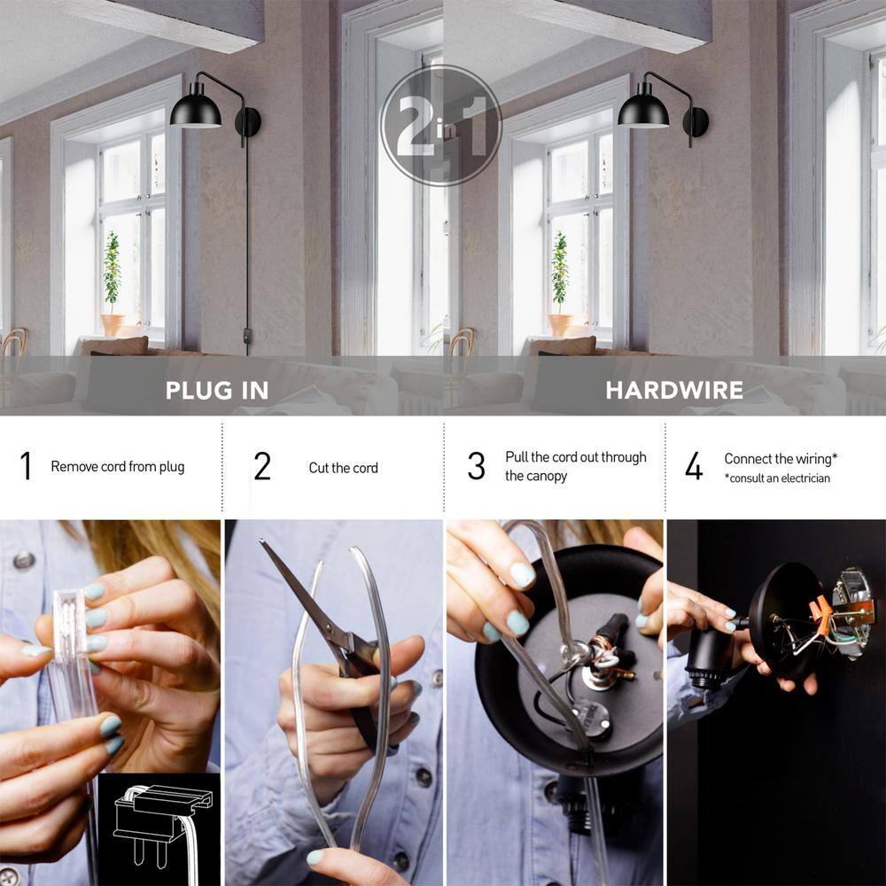 Globe Electric Carter 1-Light Matte Black Plug-In or Hardwire Wall Sconce with 6 ft. Cord