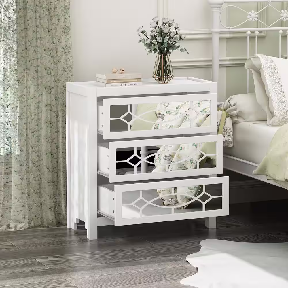 None 3-Mirrored Drawers White Wood Nightstands Bedside Table With Mirror Finish 11.8 in. D x 26 in. W x 28 in. H