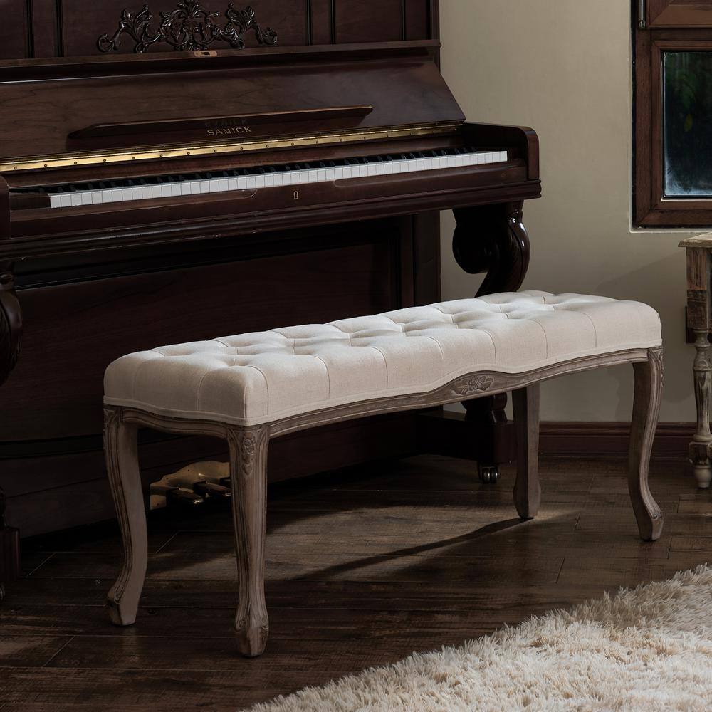Merra Beige Long French Vintage Upholstered Bench with Carved Solid Wood Frame 18.8 in. H x 44 in. W x 13.5 in. D