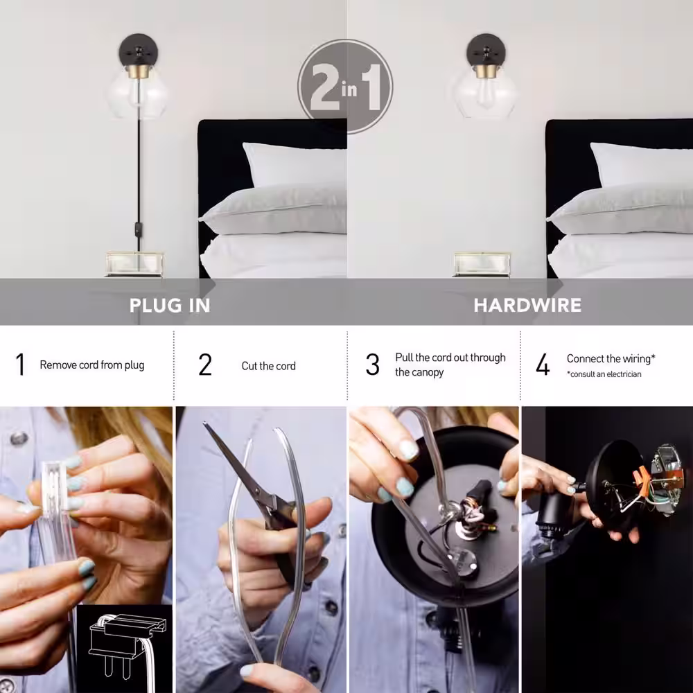 Globe Electric Brown 1-Light Matte Black and Gold Plug-In or Hardwire Wall Sconce with 6 ft. Cord