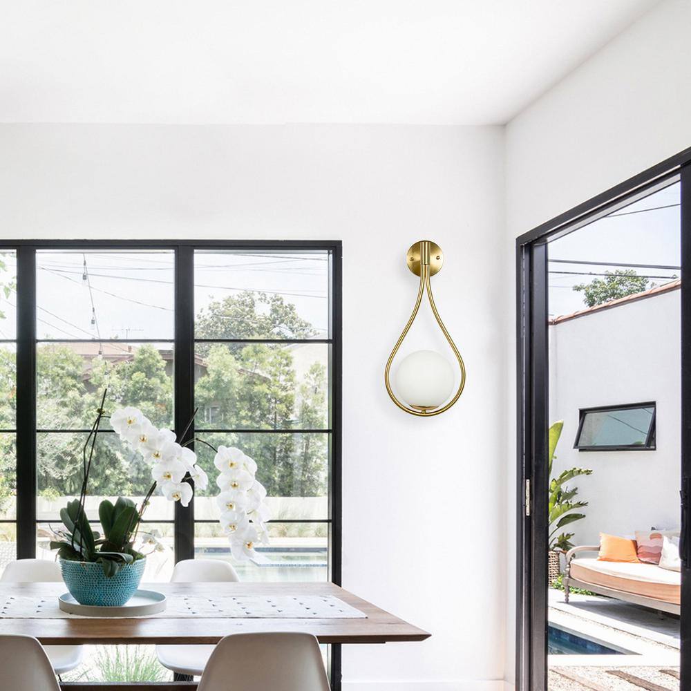 YANSUN 7.87 in. 1-Light Mid-Century Water Drop Design Gold Wall Sconce with Global Frosted Glass Shade for Bedroom Bedsides