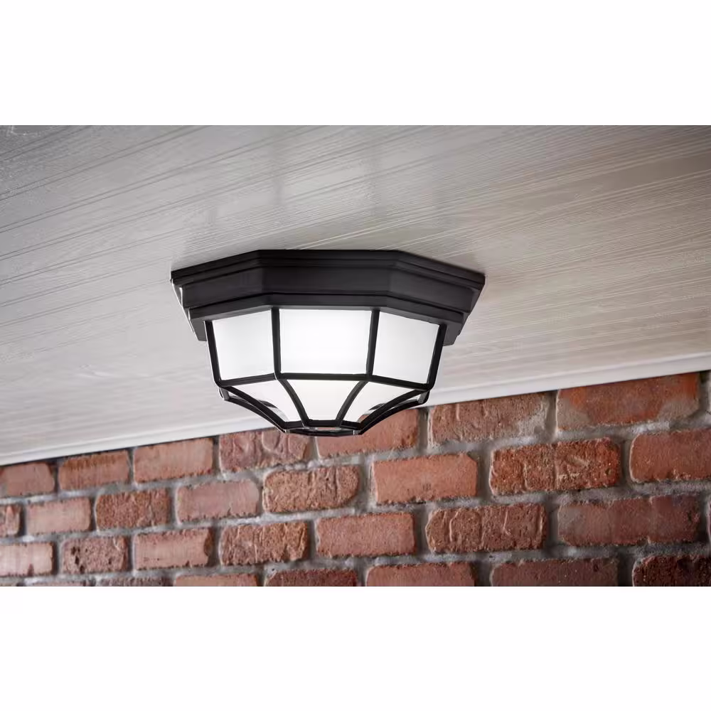 Hampton Bay Hampton Bay 10.5 in. 1 Light Black Outdoor Weather Resistant Integrated LED Flush Mount with Frosted Glass Shade