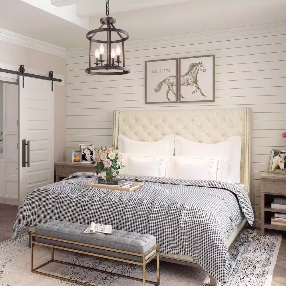 LNC Cordelia 4-Light Dark Wood Grain Candlestick Chandelier with Cage Shade and Rusty Black Candlestick Lights