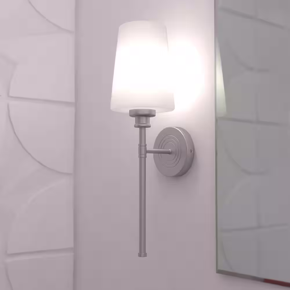 VAXCEL Clark 1-Light Satin Nickel Bathroom Wall Sconce White Glass