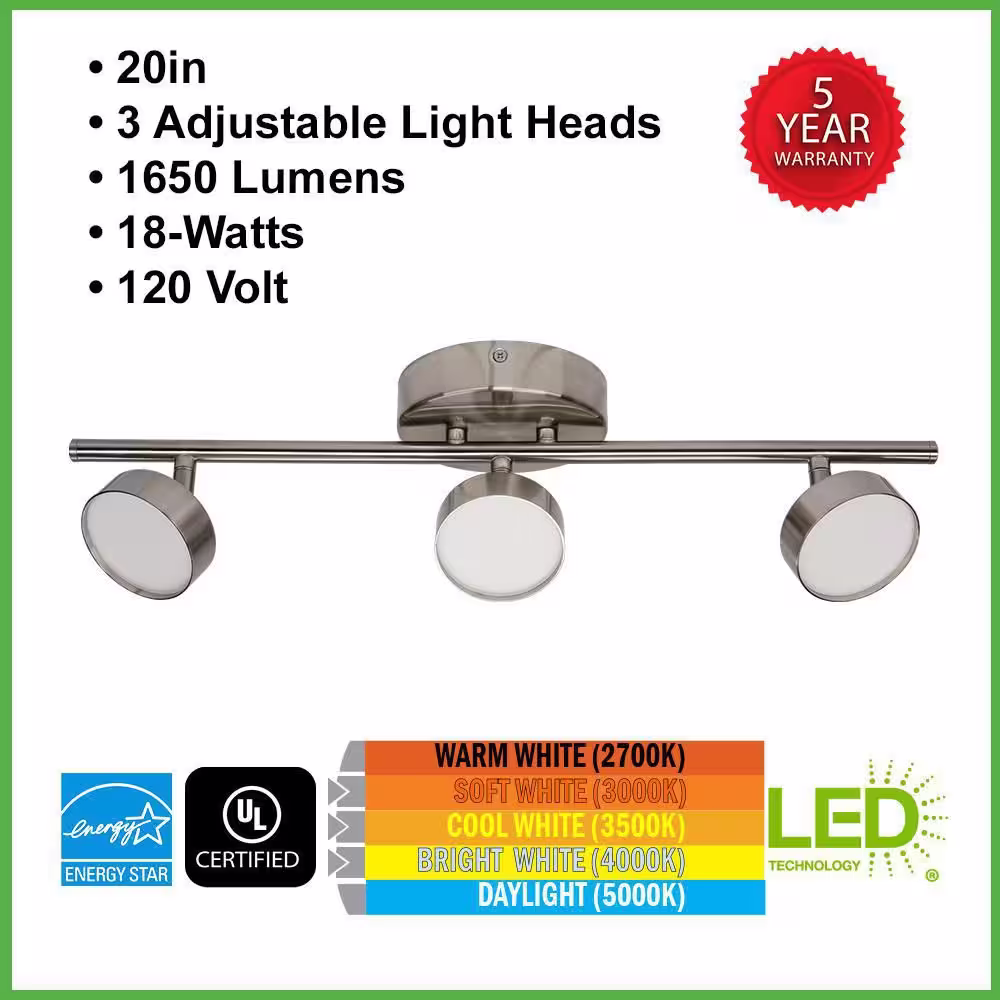 ETi 20 in. 3-Light Brushed Nickel Adjustable Color Temperature and Heads Integrated LED Fixed Track Lighting Kit (8-Pack)