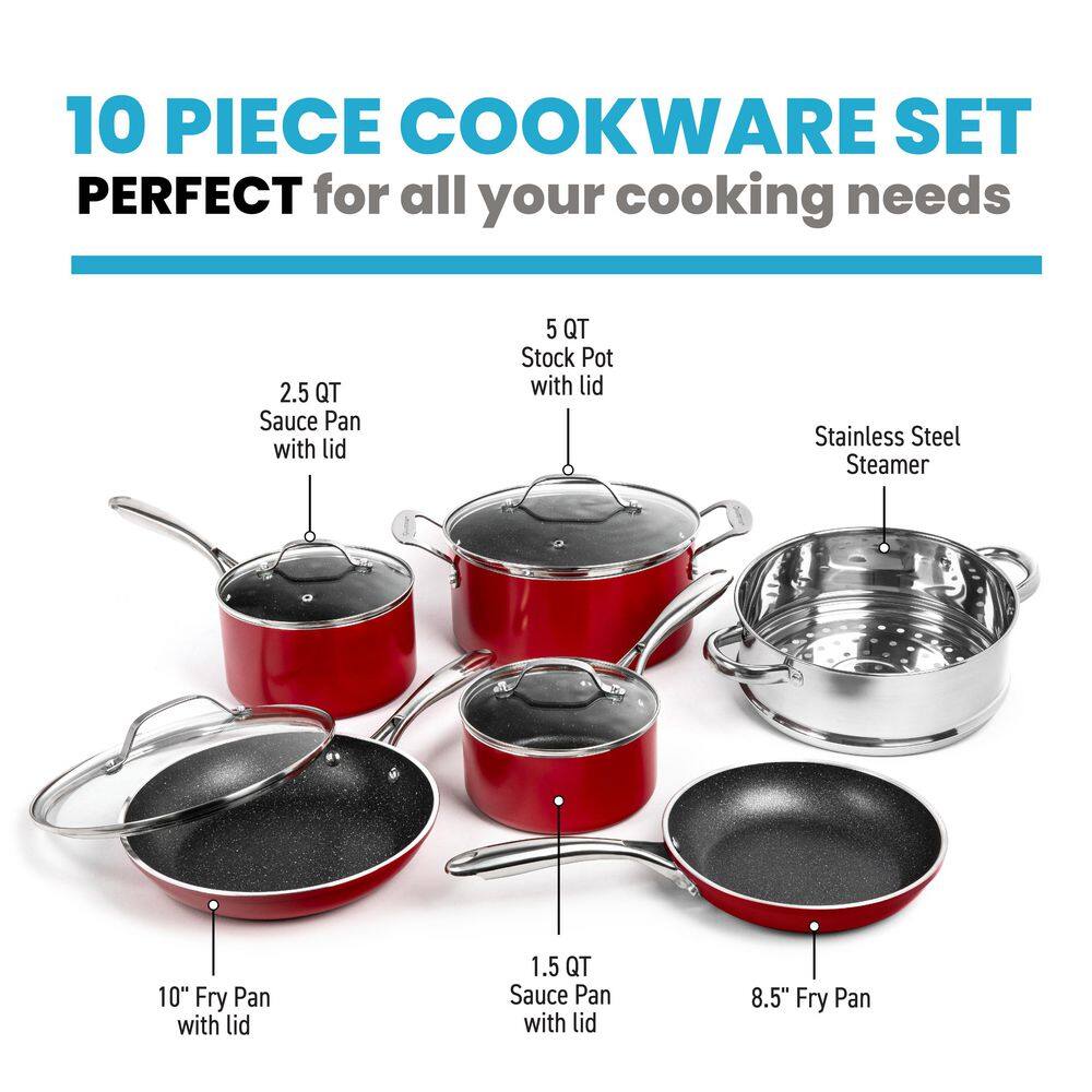 GRANITESTONE 10-Piece Aluminum Red Ultra-Durable Non-Stick Diamond Infused Cookware Set with Glass Lids