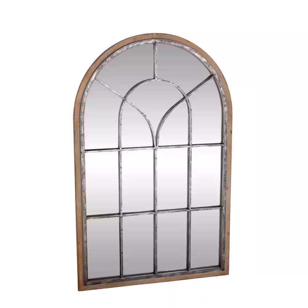 Litton Lane 51 in. x 33 in. Window Pane Inspired Arched Framed Brown Wall Mirror with Arched Top