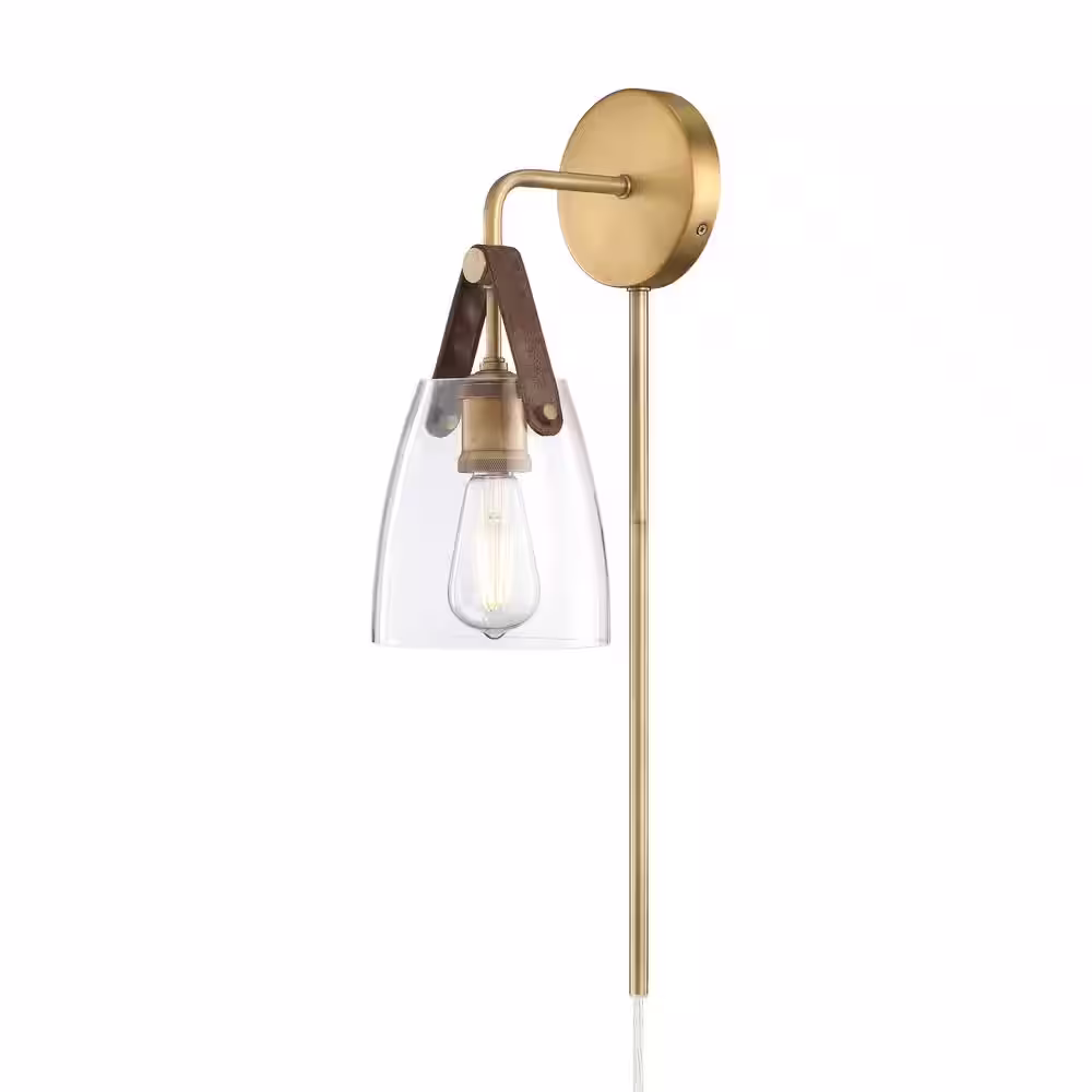 Nathan James Viola 6 in. W 2-Pack Vintaged Brass Plugin Bedside Reading Lamp Wall Sconce, with Faux Leather Accent and Glass Shade