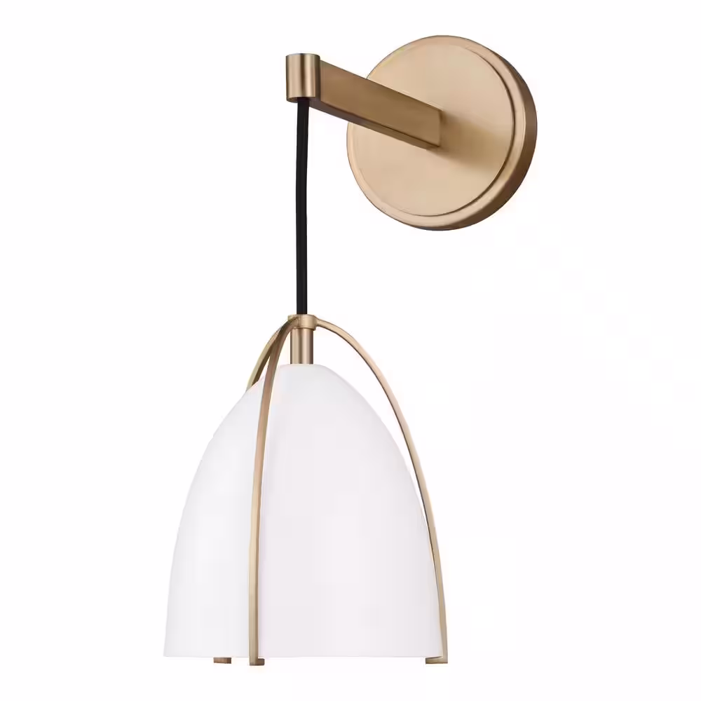 Generation Lighting Norman 1-Light Satin Brass Wall Sconce with Matte White Steel Shade