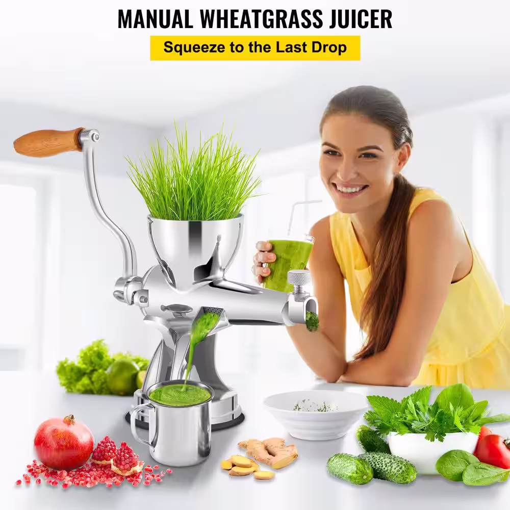 VEVOR Manual Wheatgrass Juicer Stainless Steel Detachable Hand Crank Juicer Extractor with Suction Cup Base & Table-top,Silver