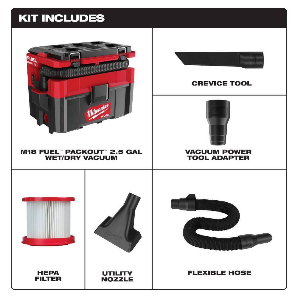 Milwaukee M18 FUEL PACKOUT 18-Volt Lithium-Ion Cordless 2.5 Gal. Wet/Dry Vacuum and AIR-TIP Conduit Line Puller Attachment Kit