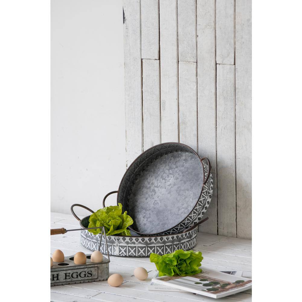 A & B Home Round Gray, White Trays with Handles (Set of 2)
