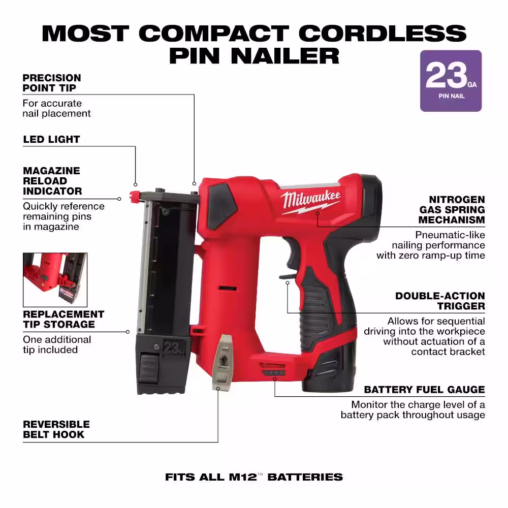 Milwaukee M12 12-Volt 23-Gauge Lithium-Ion Cordless Pin Nailer Kit w/M12 FUEL SURGE Brushless Cordless 1/4 in. Hex Impact Driver