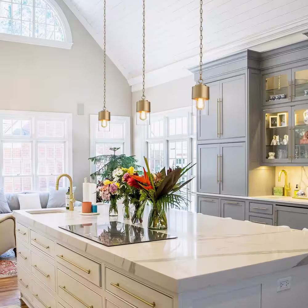 Uolfin Mid-Century Cylinder Kitchen Island Hanging Pendant Light 1-Light Brass Gold Modern Pendant Light with Clear Glass Shade