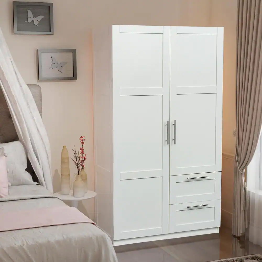 None White High Wardrobe and Kitchen Cabinet with 2 Doors, 2 Drawers and 5 Storage Spaces