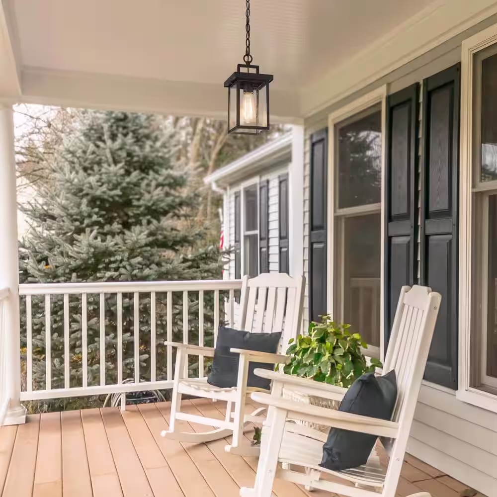 LNC 1-Light Black Square Outdoor Pendant Light for Patio Modern Outdoor Hanging Light with Seeded Glass Shade