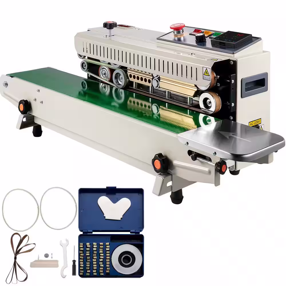 VEVOR Silver Continuous Food Vacuum Sealer Machine with Printing Function Continuous Heat Sealer for 0.02-0.08 mm Plastic Bags