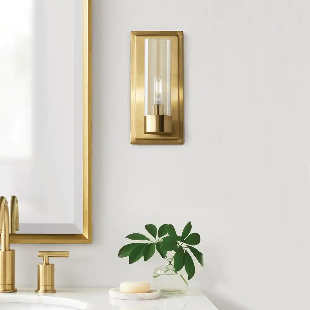 Home Decorators Collection Closmere 5 in. 1-light Brushed Gold Mid-Century Modern indoor wall sconce with Clear Glass Shade