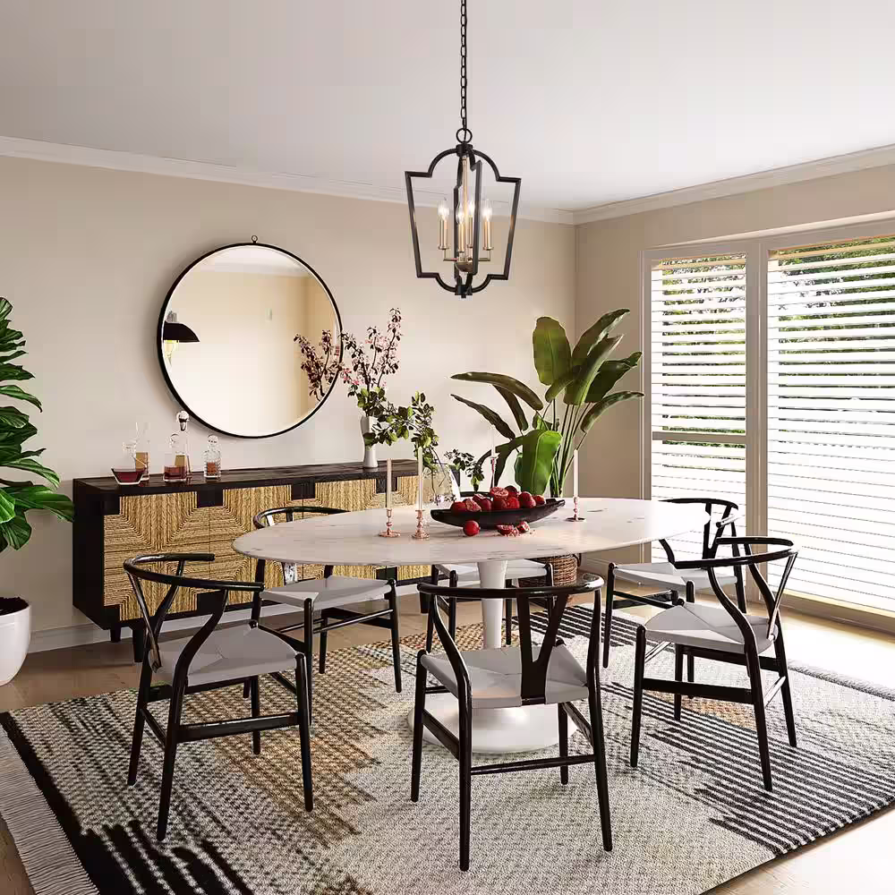 Uolfin Black and Gold Kitchen Chandelier Light, 4-Light Modern Farmhouse Dining Room Lantern Cage Candle Chandelier