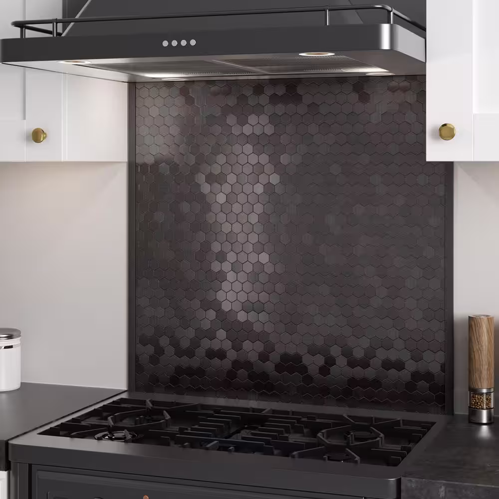 None Hex II SB Black Stainless 30 in. x 30.75 in. x 5mm Metal Peel and Stick Range Backsplash Mosaic (6.33 sq. ft./Each)