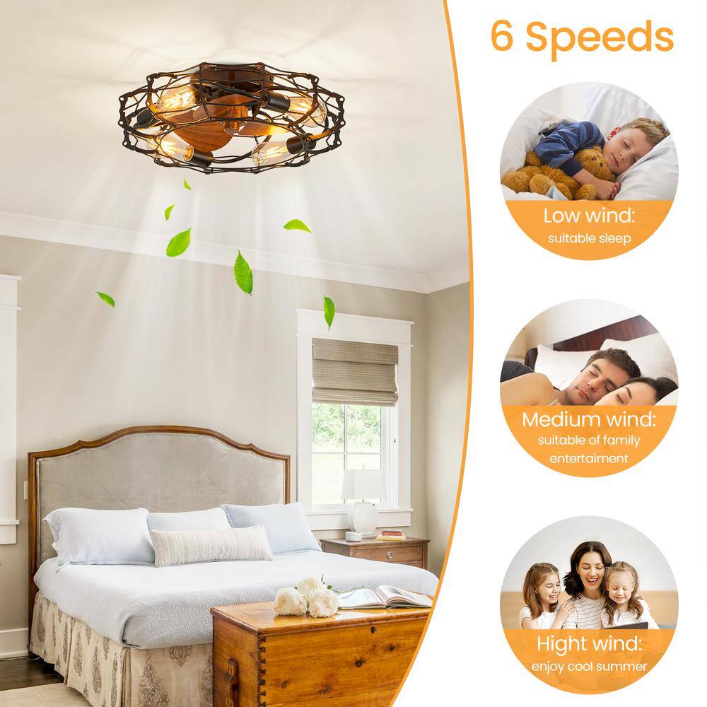 None 20 in. Indoor Black 4-Light Farmhouse Low Profile Ceiling Fan with Light Flush Mount Ceiling Fan with Remote Wood Blades