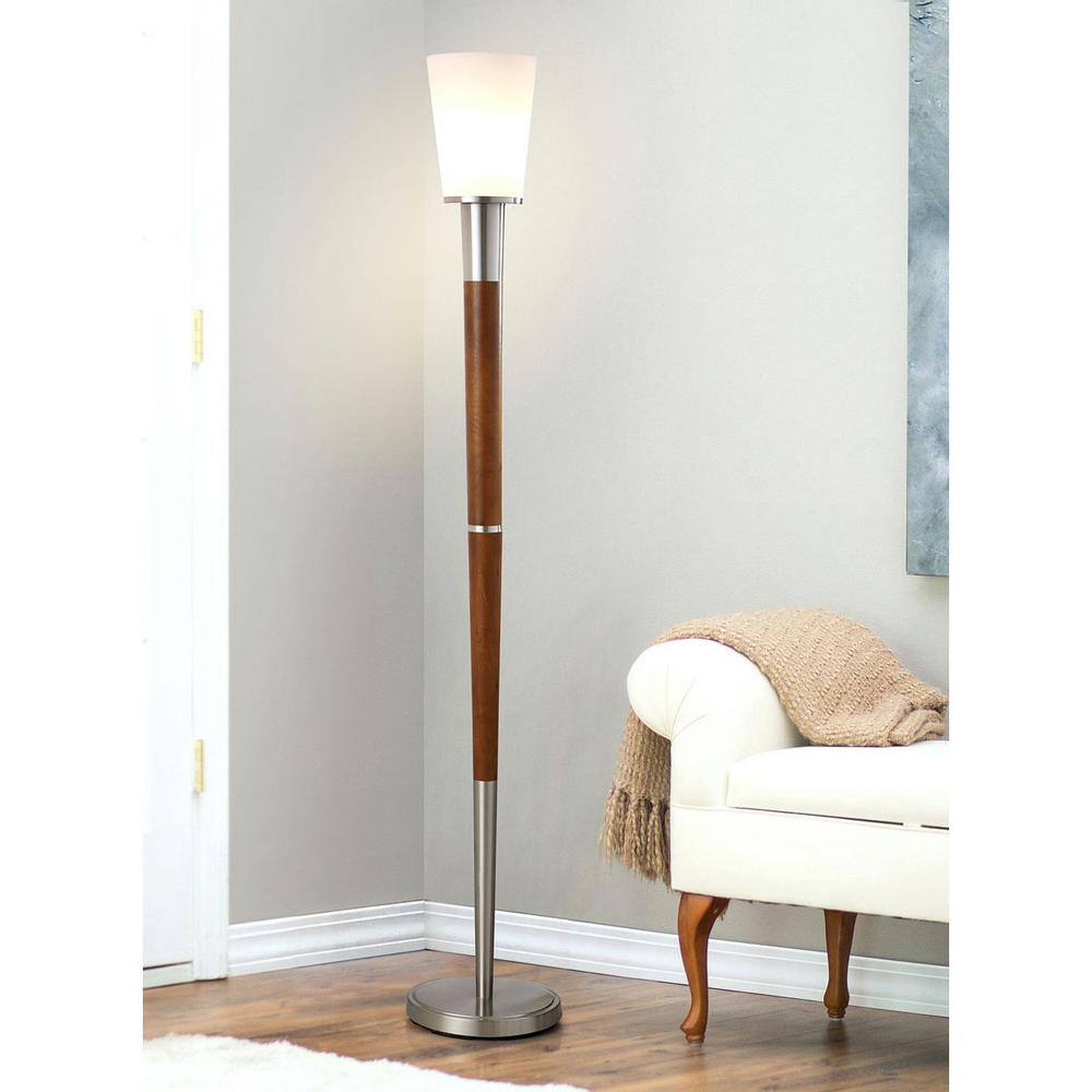 HomeGlam Manhattan 72 in. Brushed Nickel Finish Metal and Wood Torchiere Floor Lamp