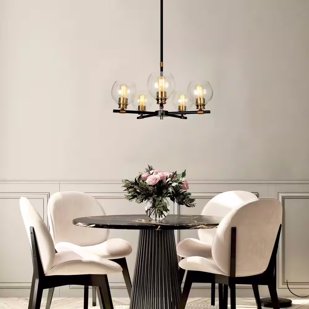 Uolfin Modern Sputnik Dining Room Chandelier Light 5-Light Black & Brass Chandelier Pendant Light with Seeded Glass Shades