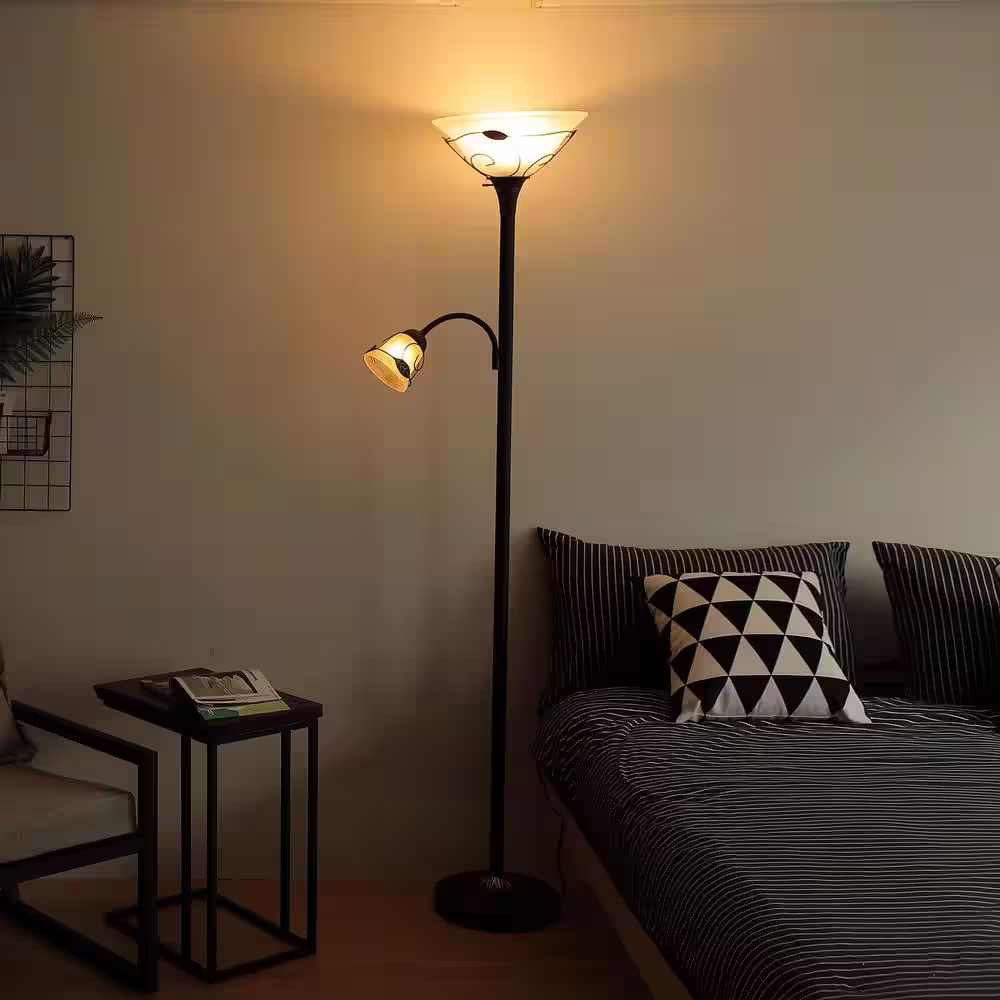 Merra 71 in. Dark Bronze Torchiere Floor Lamp with Adjustable Reading Lamp