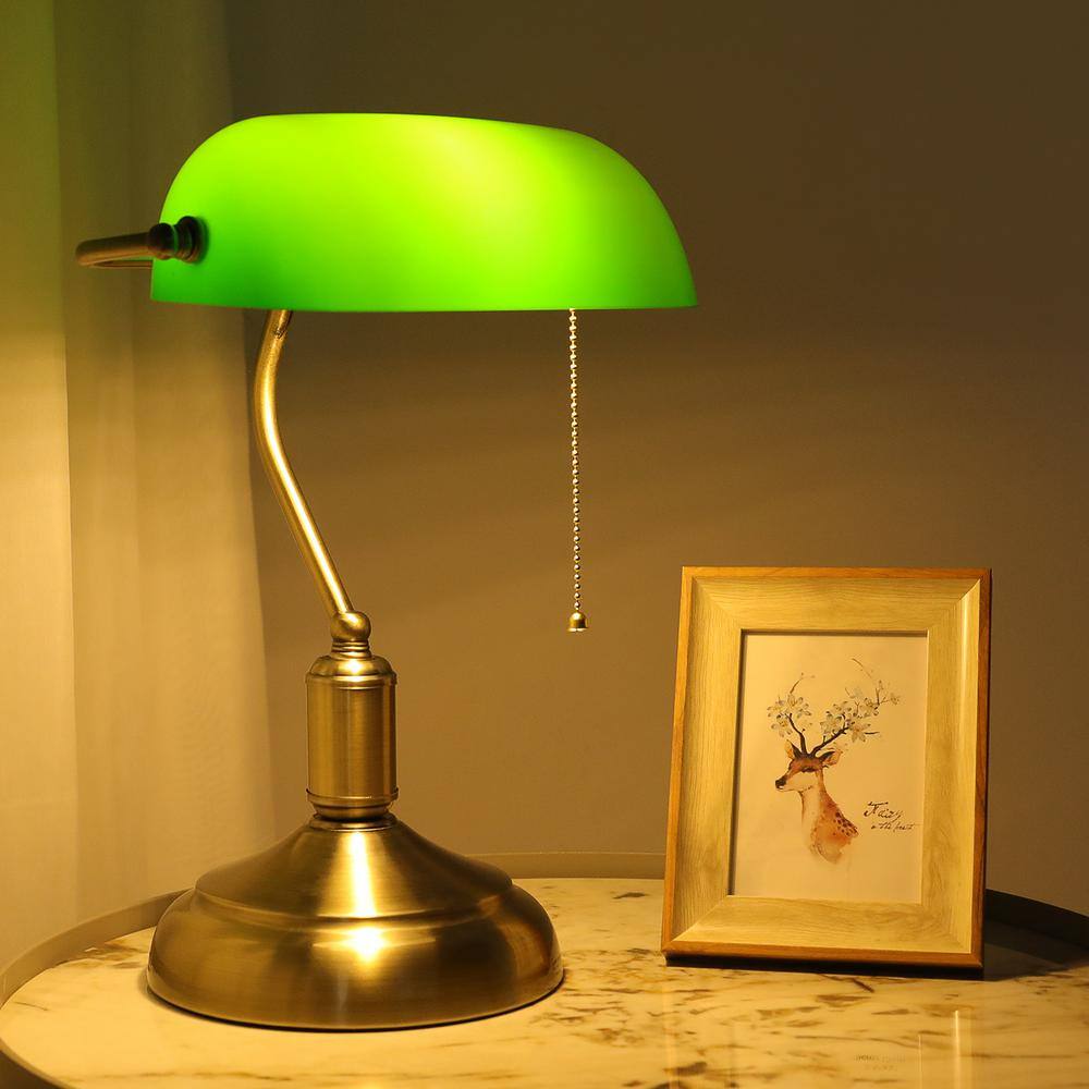None 15 in. Antique Bankers Gold Metal Table Lamp with Green Glass Shade