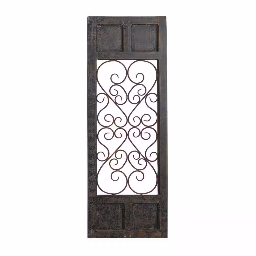 Litton Lane Wood Brown Window Inspired Scroll Wall Decor with Metal Scrollwork Relief