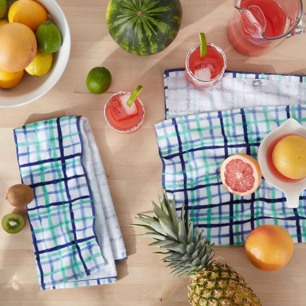 Fiesta Watercolor Blue Plaid Cotton Kitchen Towel Set (Set of 2)