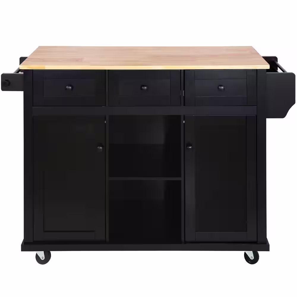 Zeus & Ruta Black Rubber wood 53.1 in. Kitchen Island Drop-Leaf Countertop Cabinet Internal Storage Racks Kitchen Island on 5 Wheels