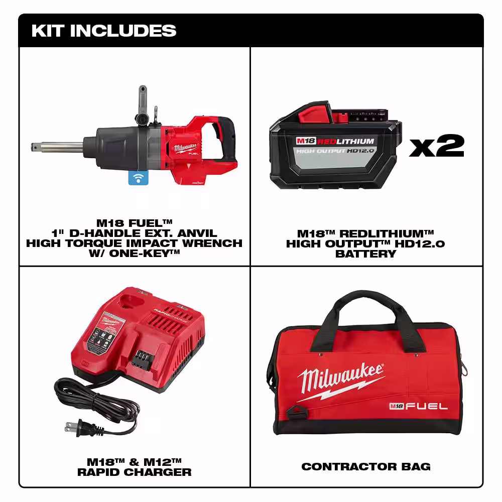 Milwaukee M18 FUEL 18V Lithium-Ion Brushless Cordless 1 in. Impact Wrench Extended Reach D-Handle Kit w/(3) 12.0 Ah Batteries