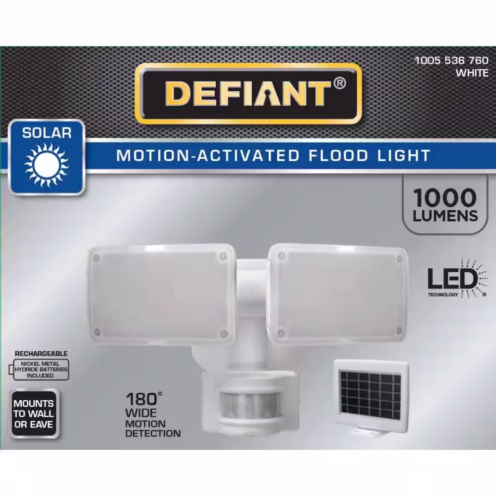 Defiant 180-Degree White Motion Activated Solar Powered Outdoor 2-Head LED Security Flood Light 1000 Lumens