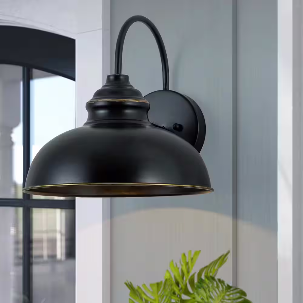 None 1-Light Black Gooseneck Outdoor Barn Light Sconce with Gold Edges