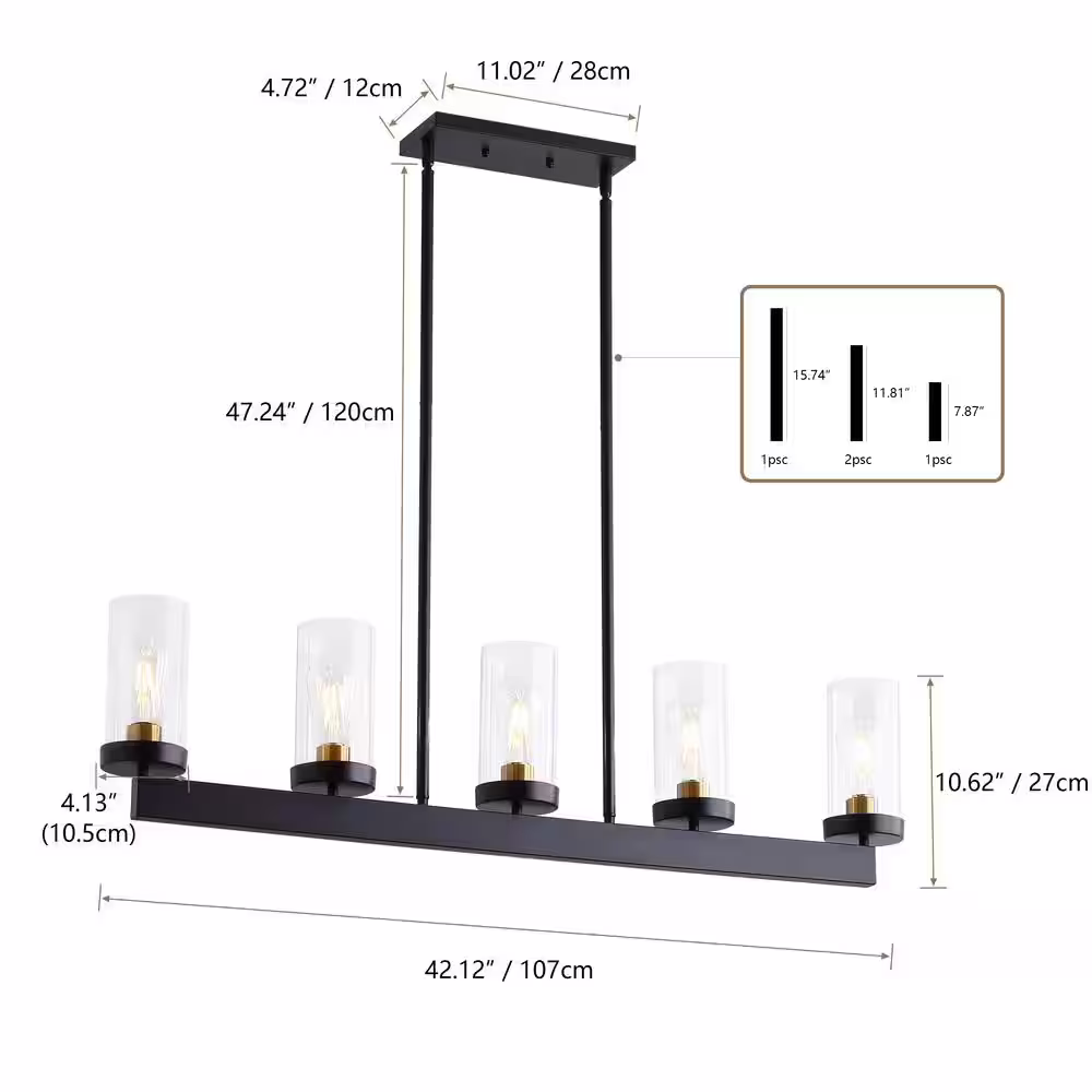 aiwen 42.1 in. 5-Light Black Kitchen Island Linear Pendant Vintage Ceiling Hanging Lighting with Glass Shades