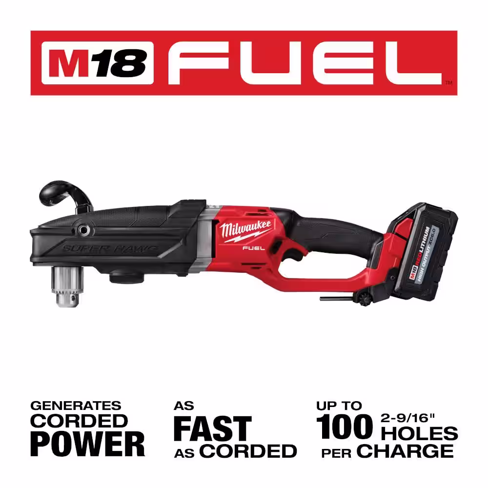 Milwaukee M18 FUEL 18V Lithium-Ion Brushless Cordless GEN 2 SUPER HAWG 1/2 in. Right Angle Drill w/6.0 ah Battery