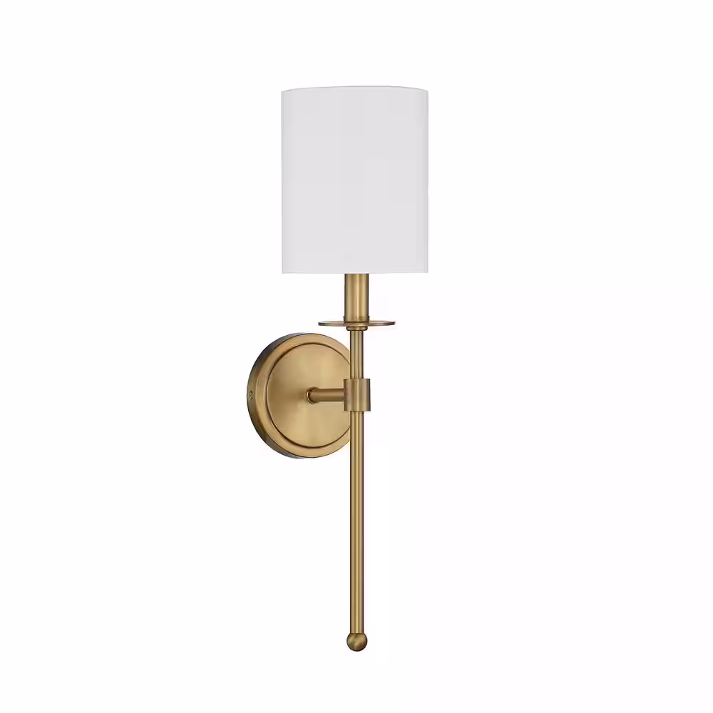 Savoy House 5 in. W x 20 in. H 1-Light Natural Brass Wall Sconce with White Fabric Shade