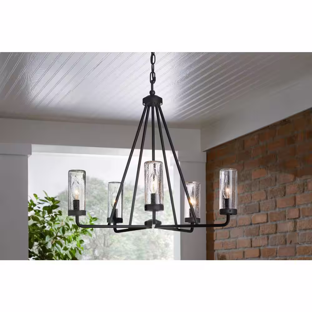 Hampton Bay Bainbridge 24 in. 5-Light Black Outdoor Urban Industrial Chandelier with Clear Seeded Glass Shades