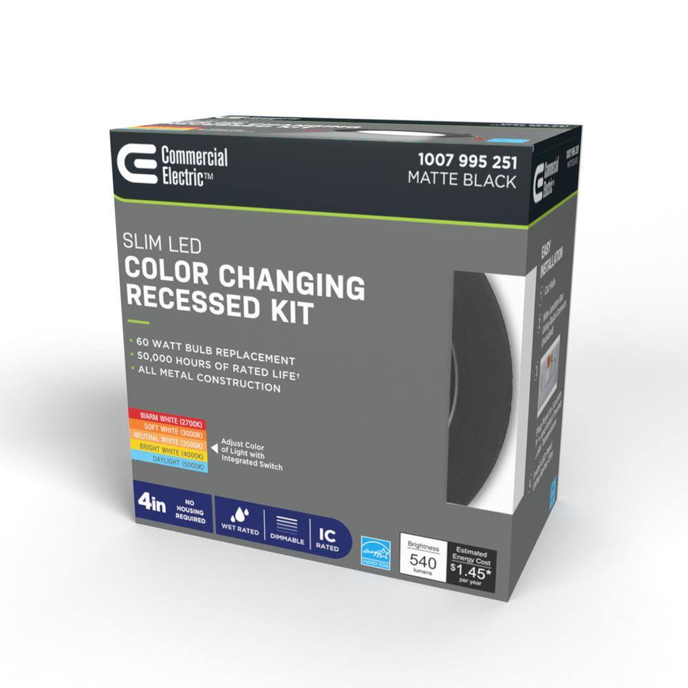 Commercial Electric Ultra-Slim 4 in. Matte Black Color Selectable New Construction and Remodel Color Canless Recessed Integrated LED Kit