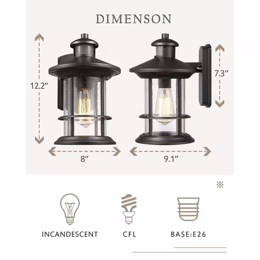 JAZAVA Black Motion Sensing Dusk to Dawn Outdoor Hardwired Wall Lantern Scone with Seeded Glass