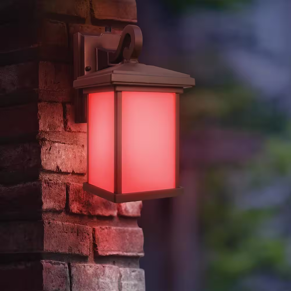 Feit Electric Onesync Landscape Bronze Dusk-To-Dawn Outdoor Hardwired Square Wall Lantern Sconce with Integrated LED Multi-CCT+RGB