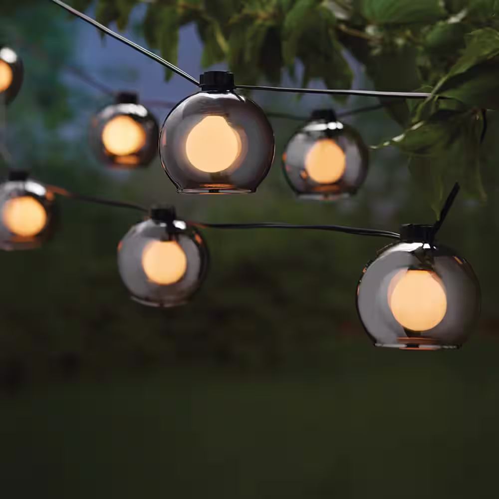 Hampton Bay 8-Light 10 ft. Black Indoor/Outdoor Plug-In String Light with Smoky Glass Shades and Incandescent Bulbs
