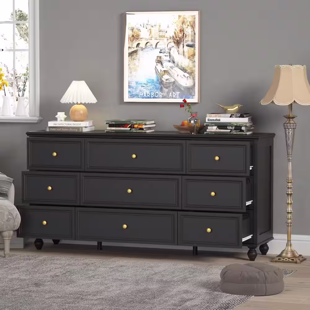 None Black Wooden 9-Drawer 63 in. W x 31.5 in. H x 15.7 in. D Dresser Storage Cabinet, Modern European Style