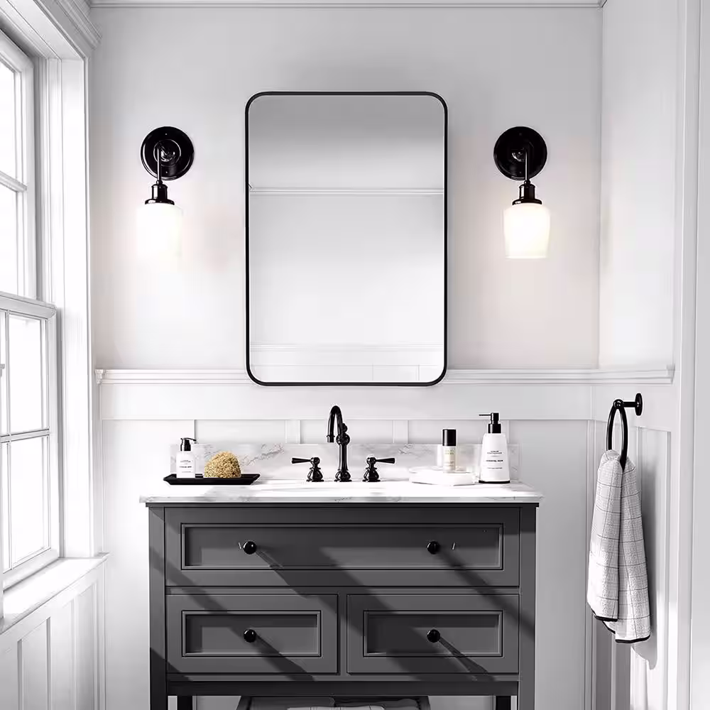 None 22 in. W x 30 in. H Classic Wall Mirror for Bathroom, Metal Frame Rectangle Vanity Mirror Black