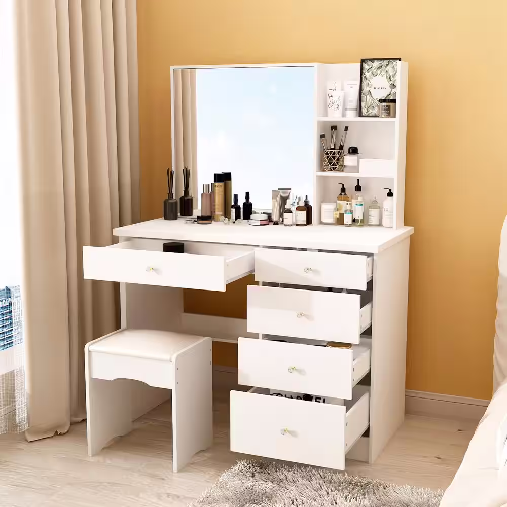 FUFU&GAGA 5-Drawers White Wood Makeup Vanity Sets Dressing Table Sets with Big Mirror, Stool and 3-Tier Storage Shelves